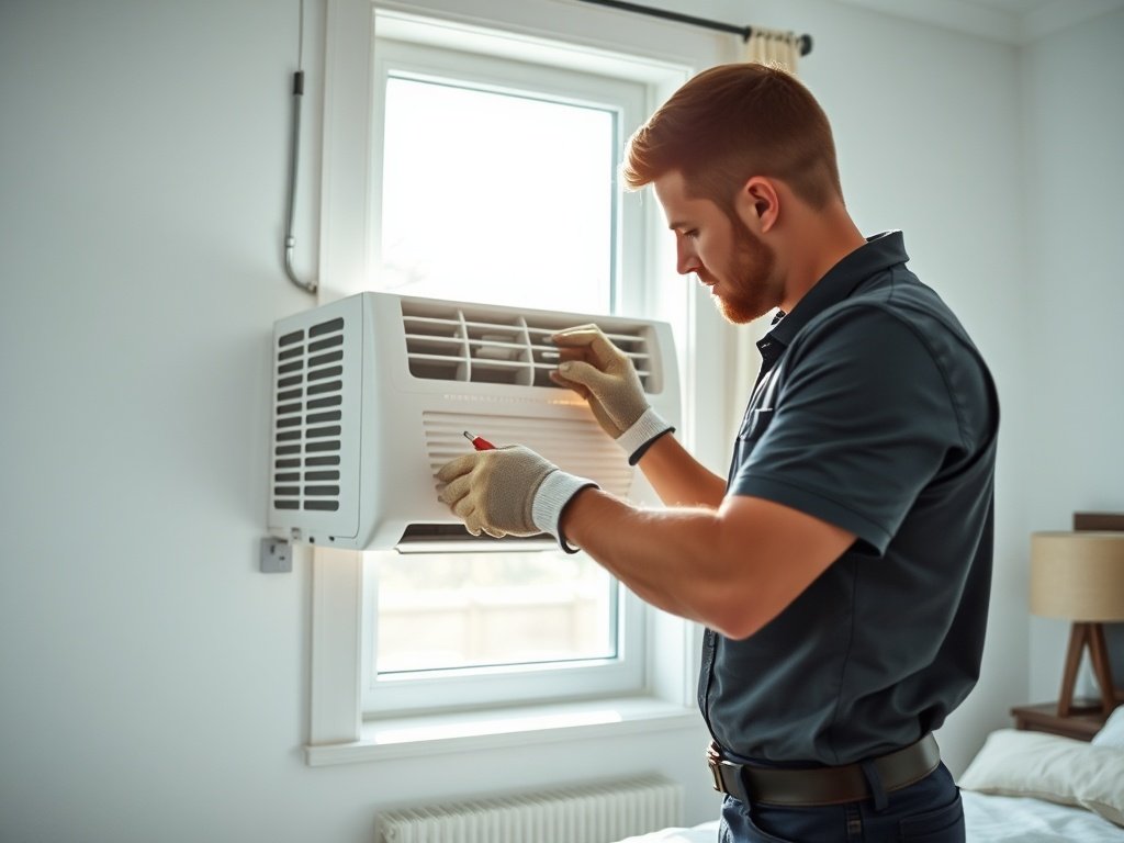 HVAC technician fitting a window AC heat pump into a residential window during installation.