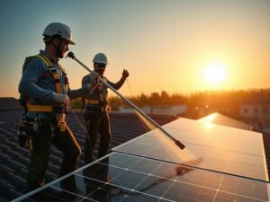Professional technicians cleaning rooftop solar panels using advanced solar panel cleaning equipment.