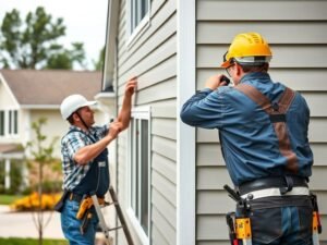 Contractor performing siding repair services on damaged vinyl siding of a residential home.