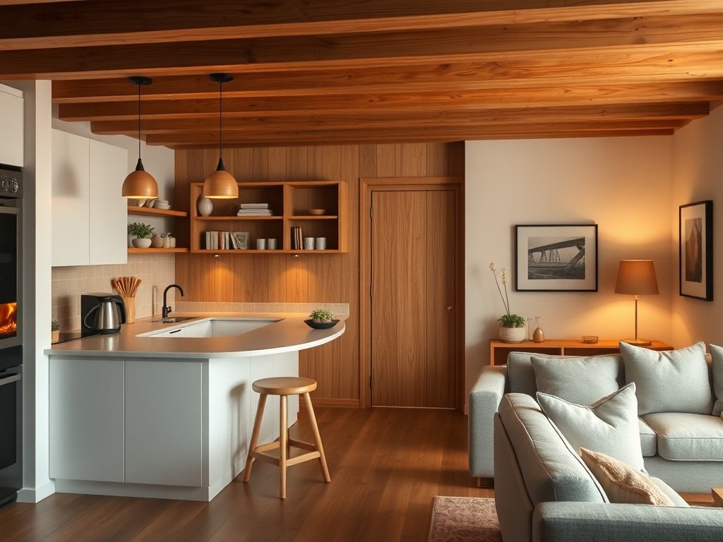 Cozy basement kitchenette with open kitchen design, bar seating, and warm lighting for entertainment space.