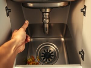 Kitchen sink with garbage disposal unit showing food scraps and a jammed system concept in a clean modern kitchen.