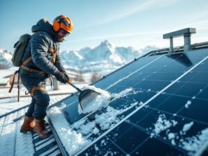 Technician safely removing snow from rooftop solar panels during winter.