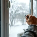 Homeowner installing window insulation film to reduce winter heat loss.