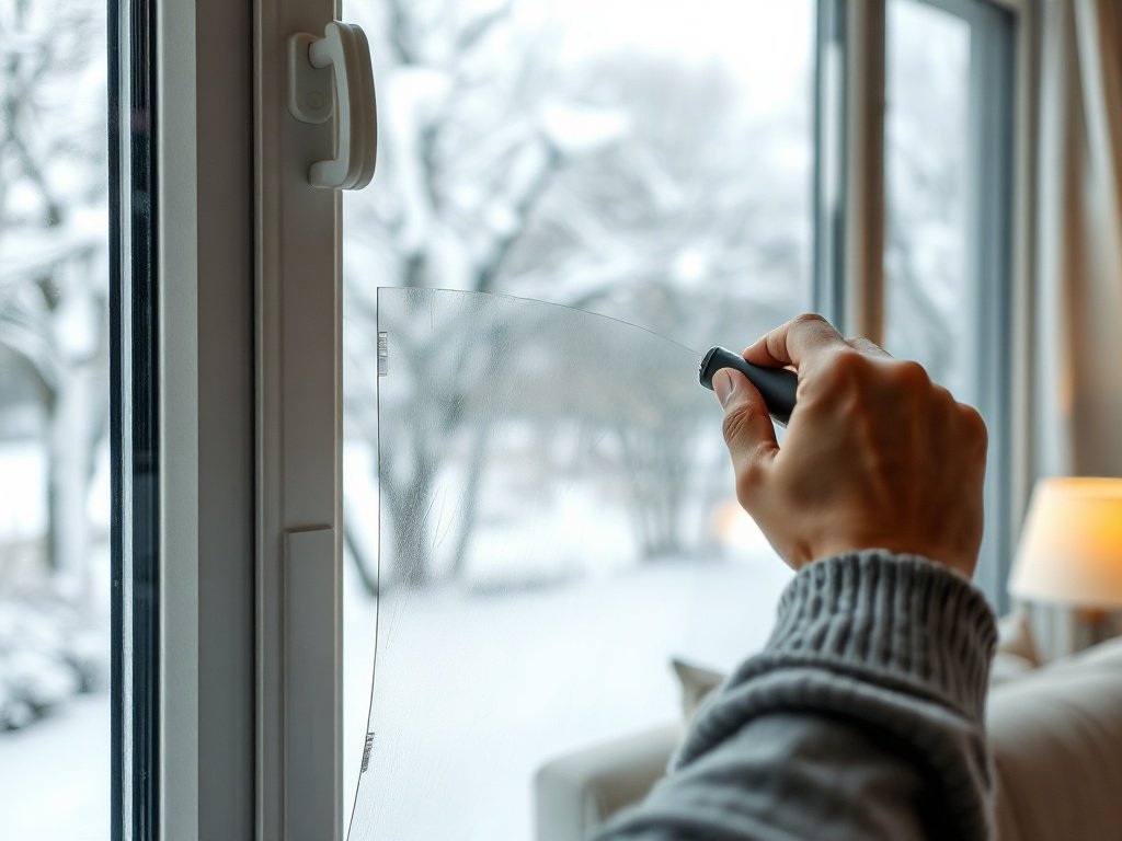 Homeowner installing window insulation film to reduce winter heat loss.