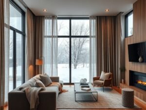 Thermal curtains helping insulate windows during winter.