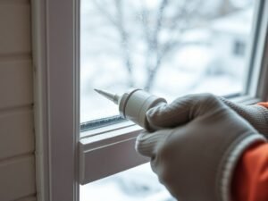 Sealing window gaps with caulk to improve winter insulation.